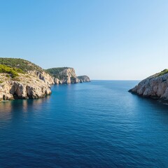 Fototapeta premium A vibrant panorama showcasing deep blue waters bordered by rugged ancient rock formations under a clear bright sky during the warm summer season ,nature ,shield ,outdoor