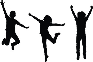 Silhouette of happy children jumping with joy, playful kids celebrating freedom, fun childhood activity, energetic movement, youthful excitement, positive lifestyle expression