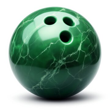 Bowling ball with green marble pattern and three finger holes isolated on white background