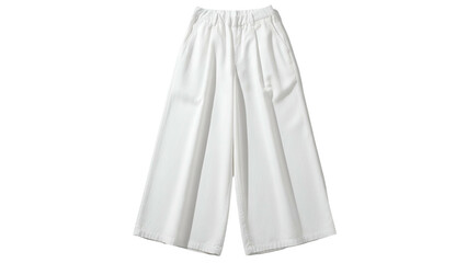 White, wide-leg trousers with pleats and elastic waistband, shot against a transparent background