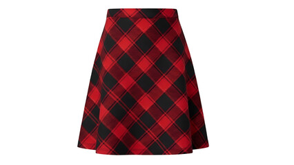 A red and black plaid flared skirt against a black background
