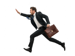 Man in Suit Running with Briefcase, Arm Outstretched isolated on transparent background
