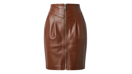 Close-up of a brown, high-waisted, pencil skirt with a front zipper