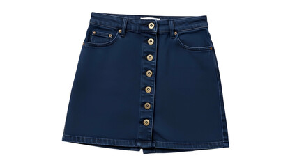 Dark blue denim skirt with a-line silhouette, button closure, and pocket details