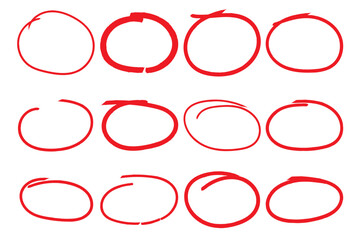 Highlight hand drawn oval frame line set. Brush stroke circle underscore set. Doodle style ovals and ellipses line template. Vector illustration oval isolated on white background.
