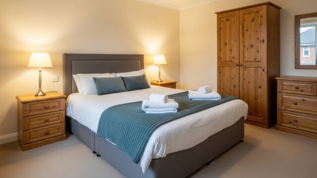 Cozy bedroom with double bed and wooden wardrobe