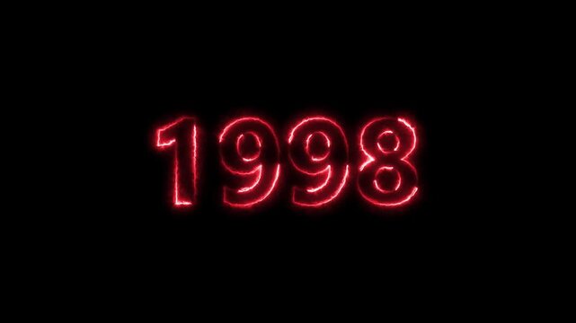 1998 Sal neon bright number red color animation. Clock icon 1998-year beautiful neon text concept on black background.
