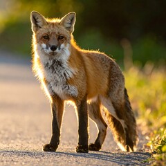 Fototapeta premium A regal fox stands poised on a road, golden light illuminating fur and features