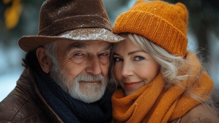 A heartwarming scene of a couple wearing winter hats and scarves, sharing a joyful moment together. Perfect for expressing love, warmth, and togetherness.