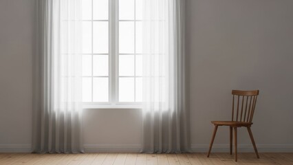 Fototapeta premium Wooden chair near window with curtains in a bright room.