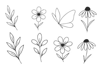 Hand Drawn Flower and Leaf Doodle Vector Set
