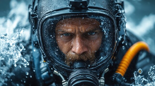 A man wearing a diver's suit, covered in water droplets, suggesting an underwater experience or a moment of immersion.