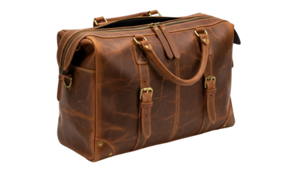 Brown leather travel bag with brass hardware, handle, buckles, and a zipper
