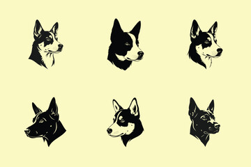 Fototapeta premium Pattern of black and white dog heads arranged in a grid on a pale yellow background