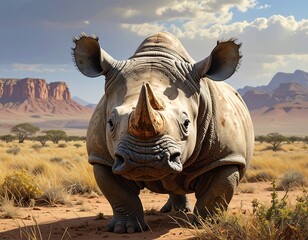 Fototapeta premium A majestic rhinoceros stands proudly in the arid savanna, surrounded by distant mountains