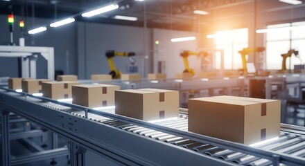 Automated conveyor line moving cardboard boxes through a modern warehouse with robotic arms in the background, representing smart logistics, industrial automation, supply chain efficiency, and advance
