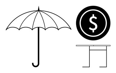 Financial security, wealth management, savings, insurance, risk management, business strategy. Black umbrella, dollar symbol and table icons in minimalist design. Financial security and wealth