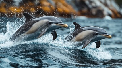 Obraz premium Two playful dolphins breach the surface of the ocean, creating a dynamic and exciting moment of aquatic action. The scene captures the beauty and energy of marine life.