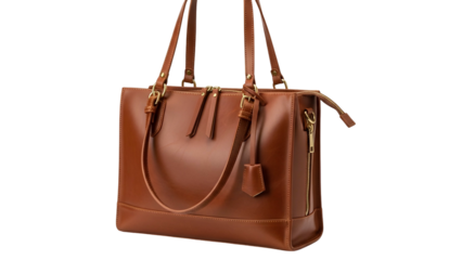 Sophisticated, brown leather tote bag with brass hardware, elegant details, against a black backdrop