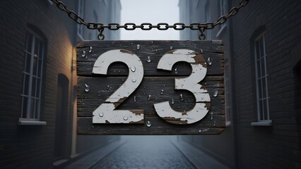 Rustic wooden sign displaying the number twenty three illuminated in a dimly lit doorway