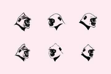 Set of gorilla head sketches in a minimalist black and white style