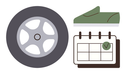 Car tire, green shoe, and marked calendar visualizing transportation, activities, and time management. Ideal for planning, scheduling, transportation, fitness routine organization simple flat
