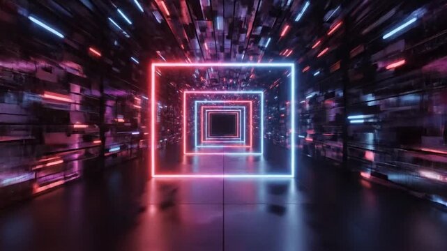 Looping 3D animation abstract futuristic tunnel with a glowing neon square frame in the center of a dark corridor.