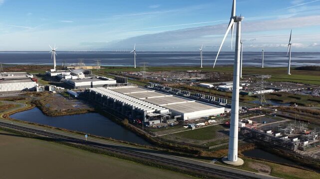 Aerial drone video of a hyperscale data center in Eemshaven, The Netherlands, highlighting internet services, big-data processing power, and large-scale digital infrastructure.