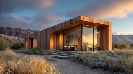 Fototapeta premium Modern wooden house at sunset scenic mountain view