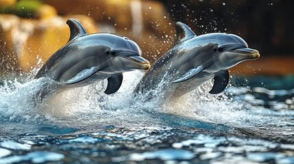 Fototapeta premium Two playful dolphins breach the surface of the ocean, creating a dynamic and energetic image of marine wildlife.