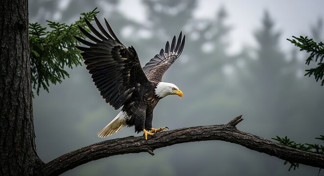 Bald eagle landing on a tree branch in a misty forest - Powered by Adobe