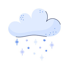 Hand drawn cloud and snow. Winter and snowfall. Sky and weather design element. Isolated vector illustration on white background.