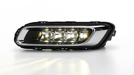 Close up of a modern car fog light with chrome trim and bright illumination
