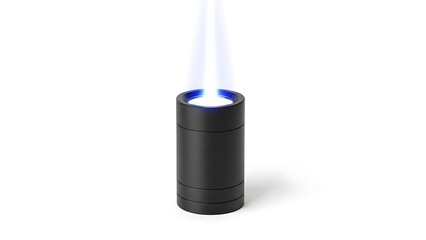 Modern black cylindrical smart speaker with glowing blue light on white background