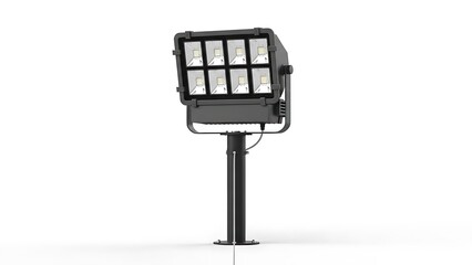 Powerful outdoor led floodlight on a black stand against a plain white background