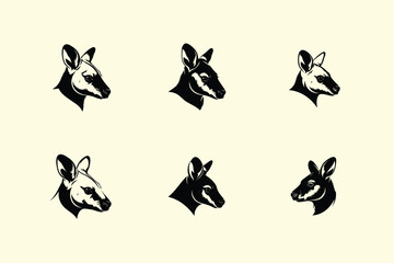 Set of six stylized kangaroo head illustrations in a vintage engraved etching style