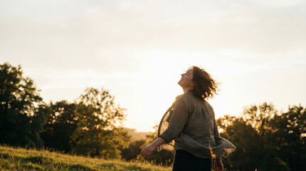 Joyful woman in field at sunset — freedom, gratitude and open sky