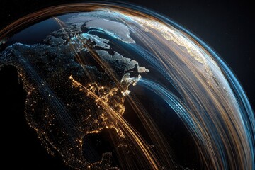 Illuminated globe with glowing light trails
