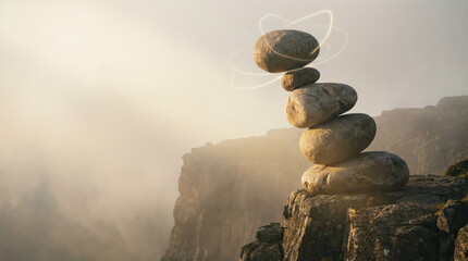 Balanced stones on cliff in golden light — balance, resilience and perseverance