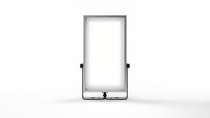 Modern freestanding illuminated mirror with sleek metal frame on a white background