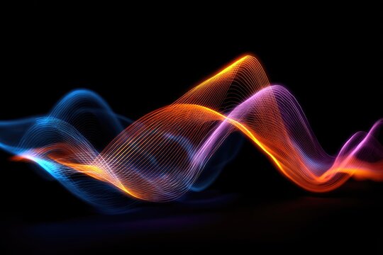 Abstract flowing lines of vibrant orange, blue, and purple light against a black background - Powered by Adobe