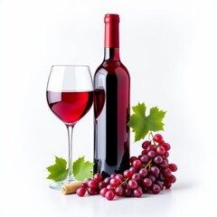 Obraz premium Red wine bottle and glass with fresh grapes and a cork isolated on white background