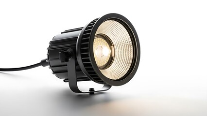 Powerful industrial floodlight with a black housing and bright led illumination on white background