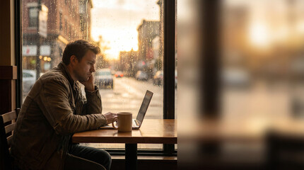 Man working on laptop in café at sunset — remote work and productivity