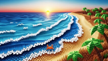 Papercraft Beach Landscape with Waves and Sunset Illustration
