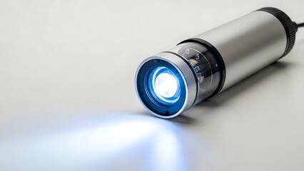 Bright silver flashlight emitting a powerful beam of light on a reflective surface
