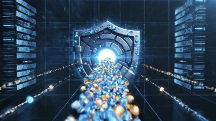 Digital security shield with flowing data particles in futuristic server room showcasing advanced cybersecurity protection technology and dynamic digital network visualization in high tech environment - Powered by Adobe