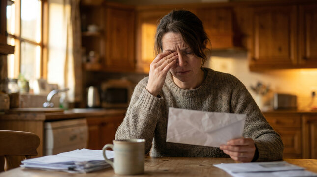 Stressed person reading bill at kitchen table &mdash; financial anxiety and cost of living