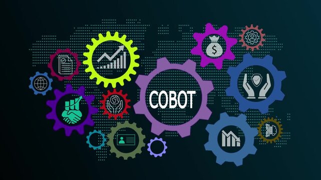 Cobot animation video showcasing international standard organization automation concepts, global technology networks, and internet-enabled collaborative robotics.