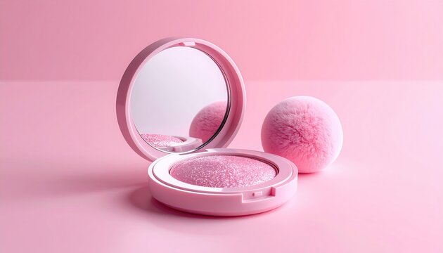 Pink makeup compact and puffy applicator
